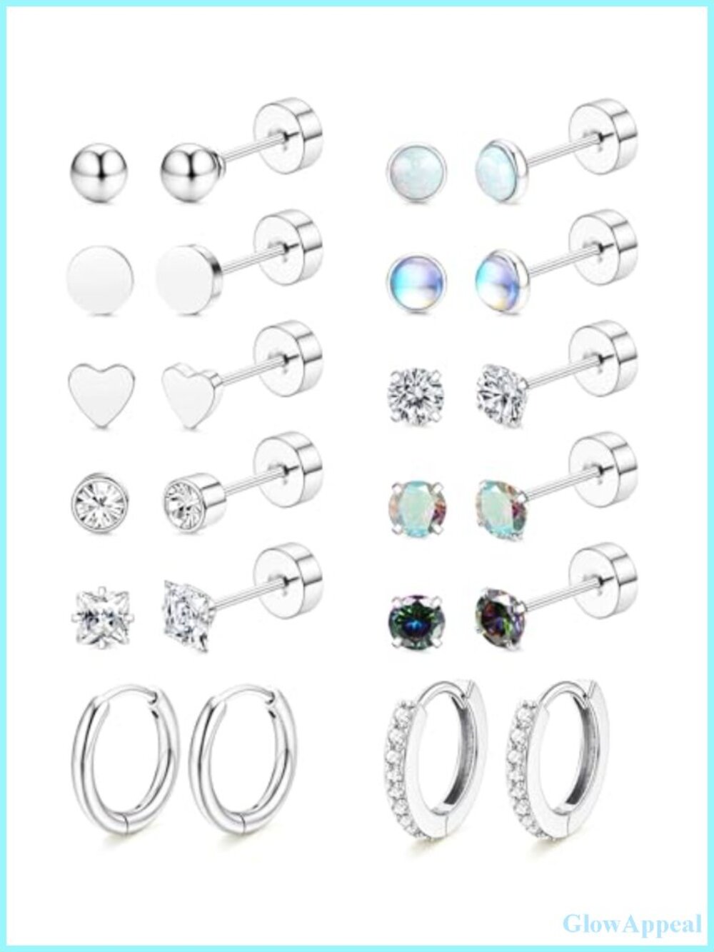 12 Pair Hypoallergenic Surgical Steel Flat Back Stud Earrings Set for Sensitive